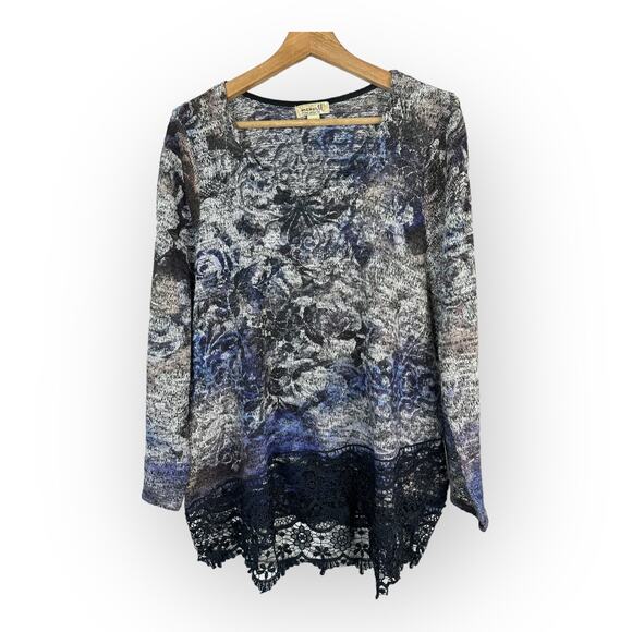ONE WORLD Sweaters - One World Women Large Lace Hem Knit Floral Sweater Tunic Artsy Hippie Lagenlook